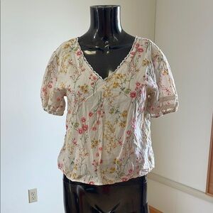 MNK Cream Floral Puff Sleeve Blouse with tie back